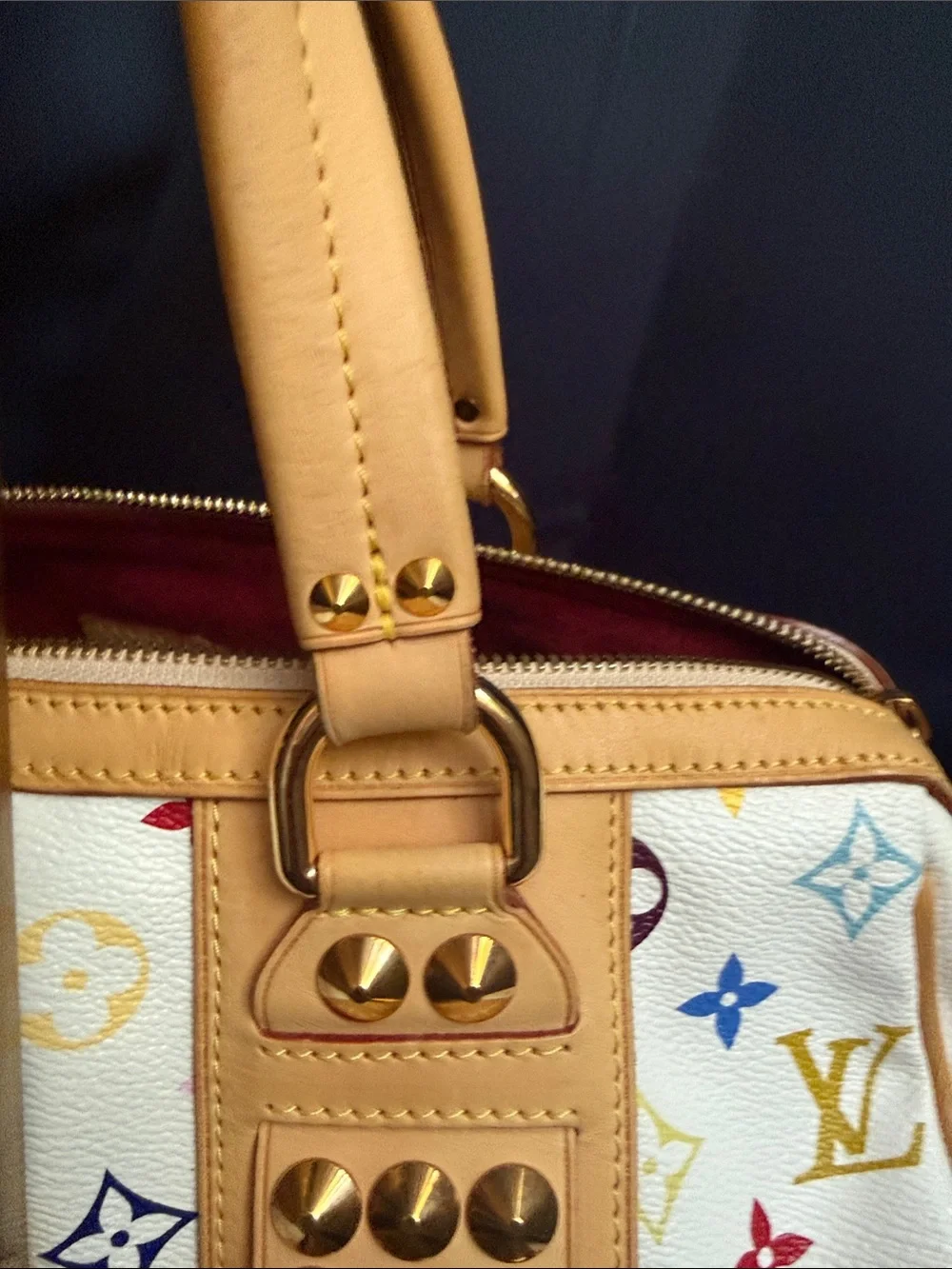 Louis Vuitton Courtney White Murakami Multicolor Monogram Satchel with Studs